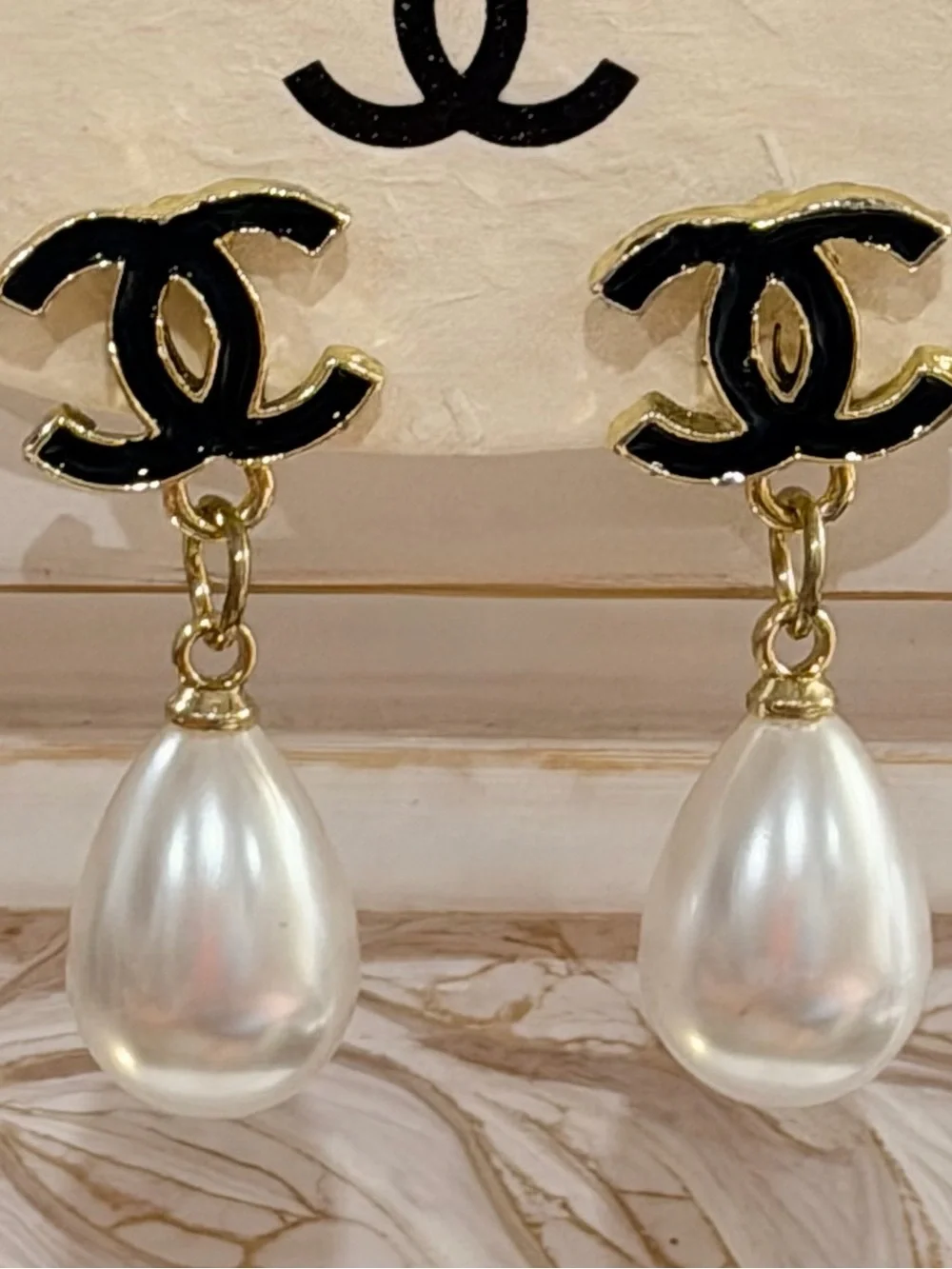 Black Enamel CC Faux Pearl Drop Earrings Gold Tone | New + Mini Storage Box